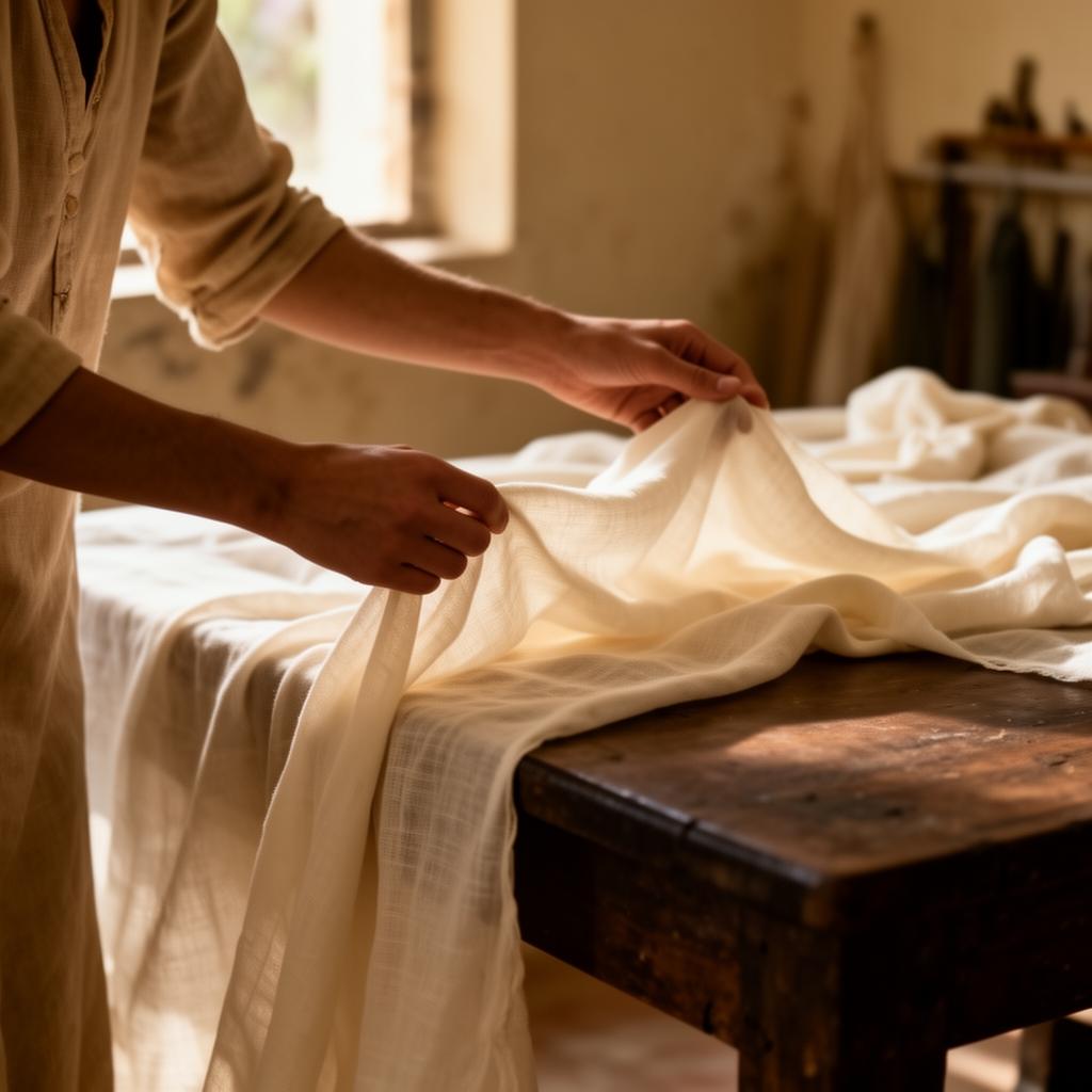 Artisan draping a length of natural linen on a wooden atelier table, warm morning light