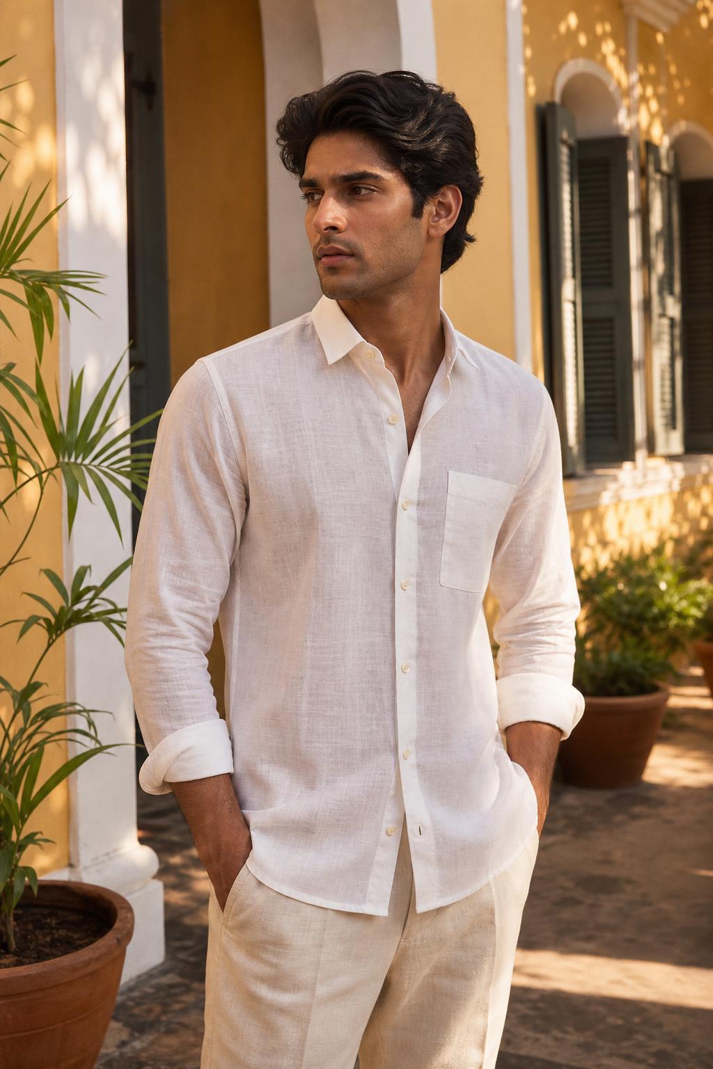 AIZANCE CORE. ivory shirt on model in a Pondicherry colonial courtyard.