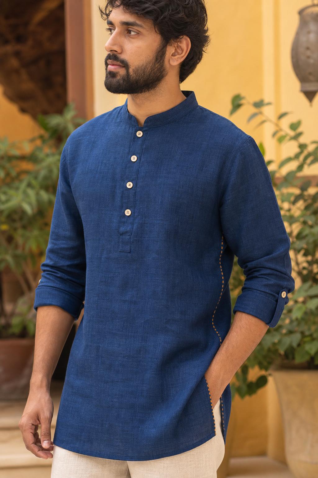 AIZANCE HEMP. natural raw hemp kurta on model in a Tamil weaver's lane.