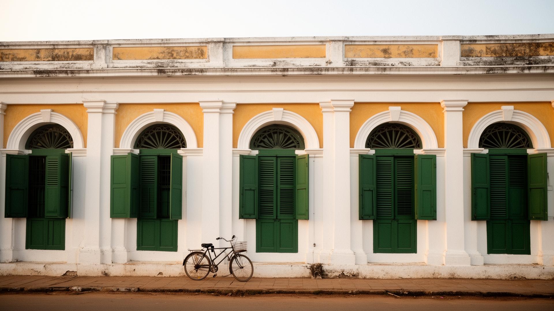 Pondicherry colonial facade. white walls, green shutters, bicycle
