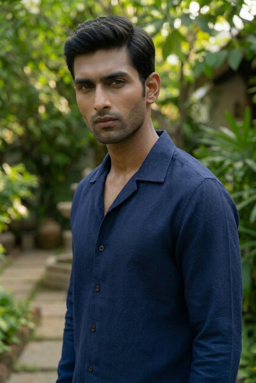 Deep indigo hand-dyed hemp-linen shirt