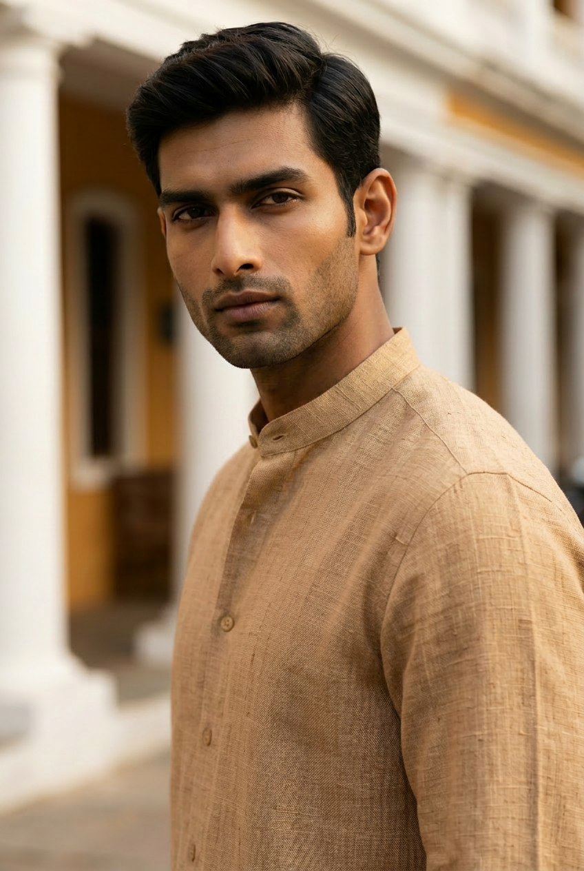 Warm sand camel hemp shirt. golden hour